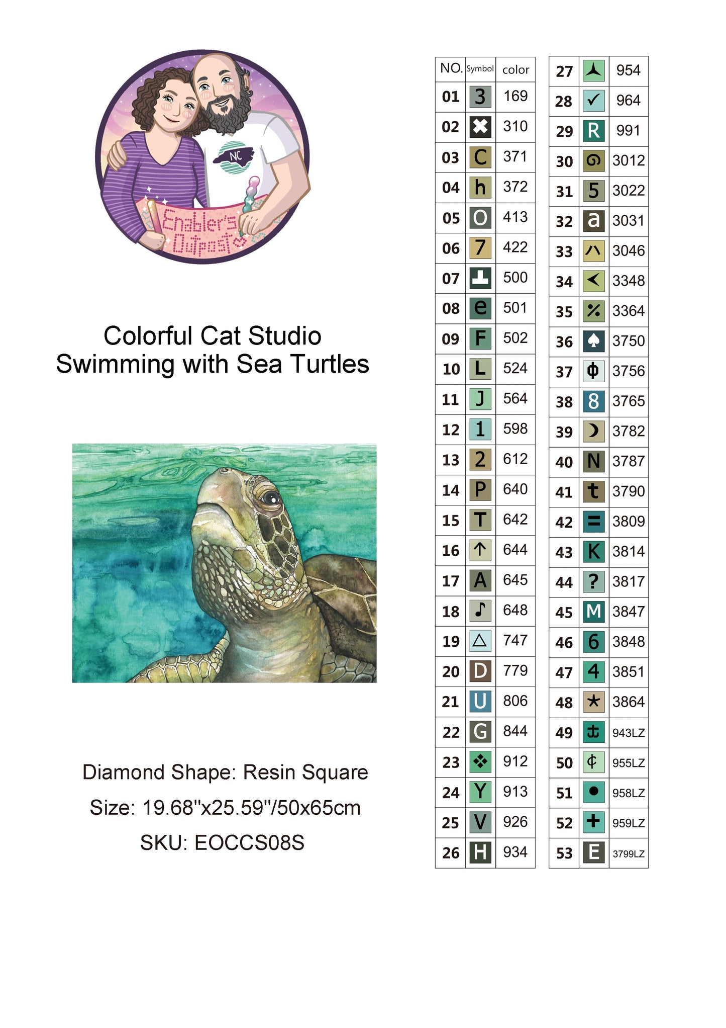 Swimming with Sea Turtles by Colorful Cat Studio (Resin Square)